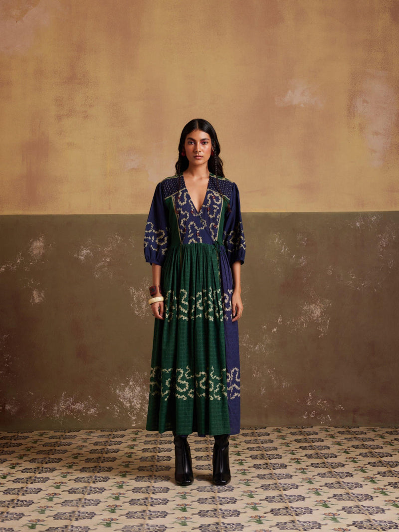 Poem Dress-(Indigo-Emerald Spiral) cotton by CORD for women in Singapore