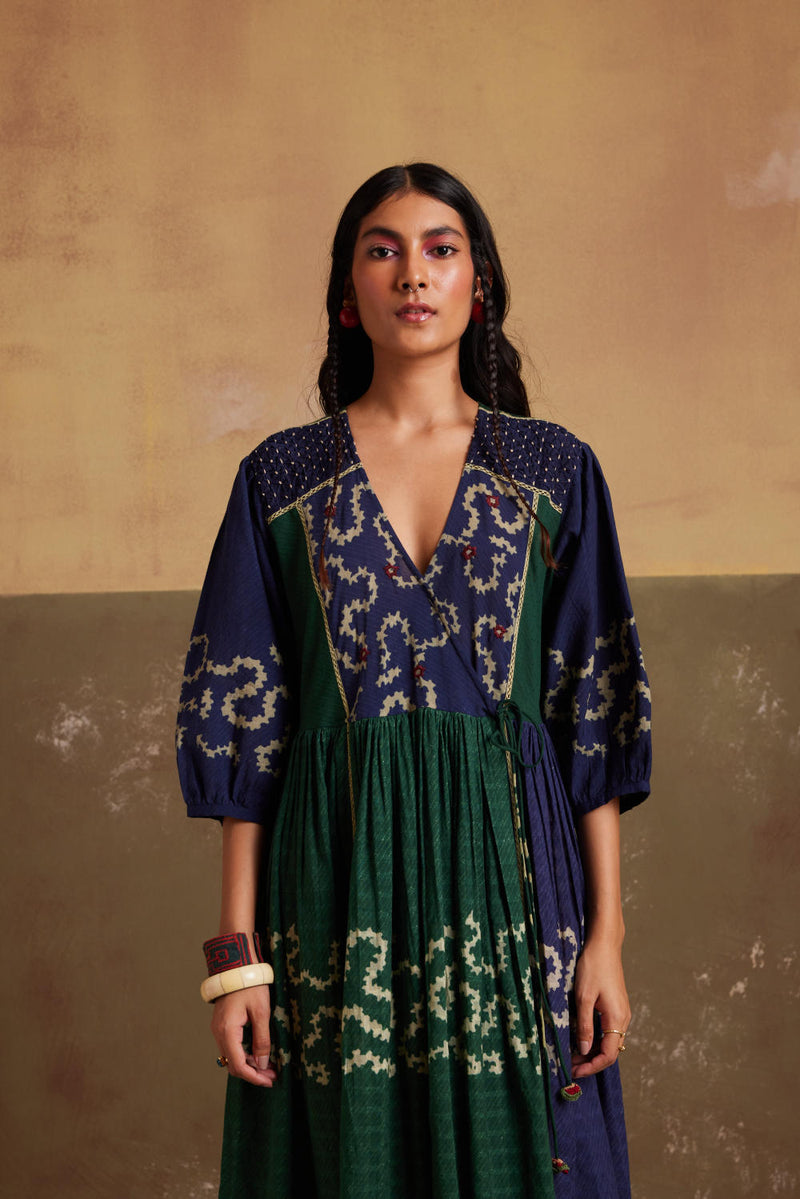 Poem Dress-(Indigo-Emerald Spiral) cotton by CORD for women in Singapore
