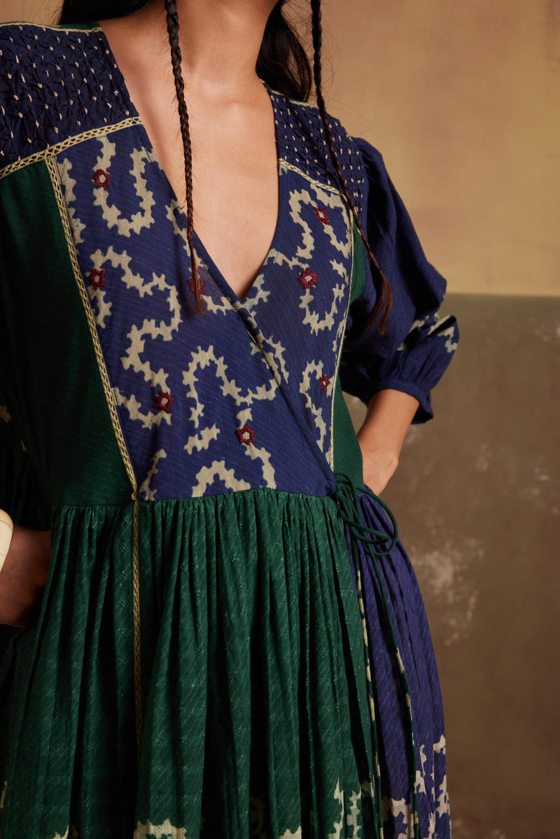 Poem Dress-(Indigo-Emerald Spiral) cotton by CORD for women in Singapore