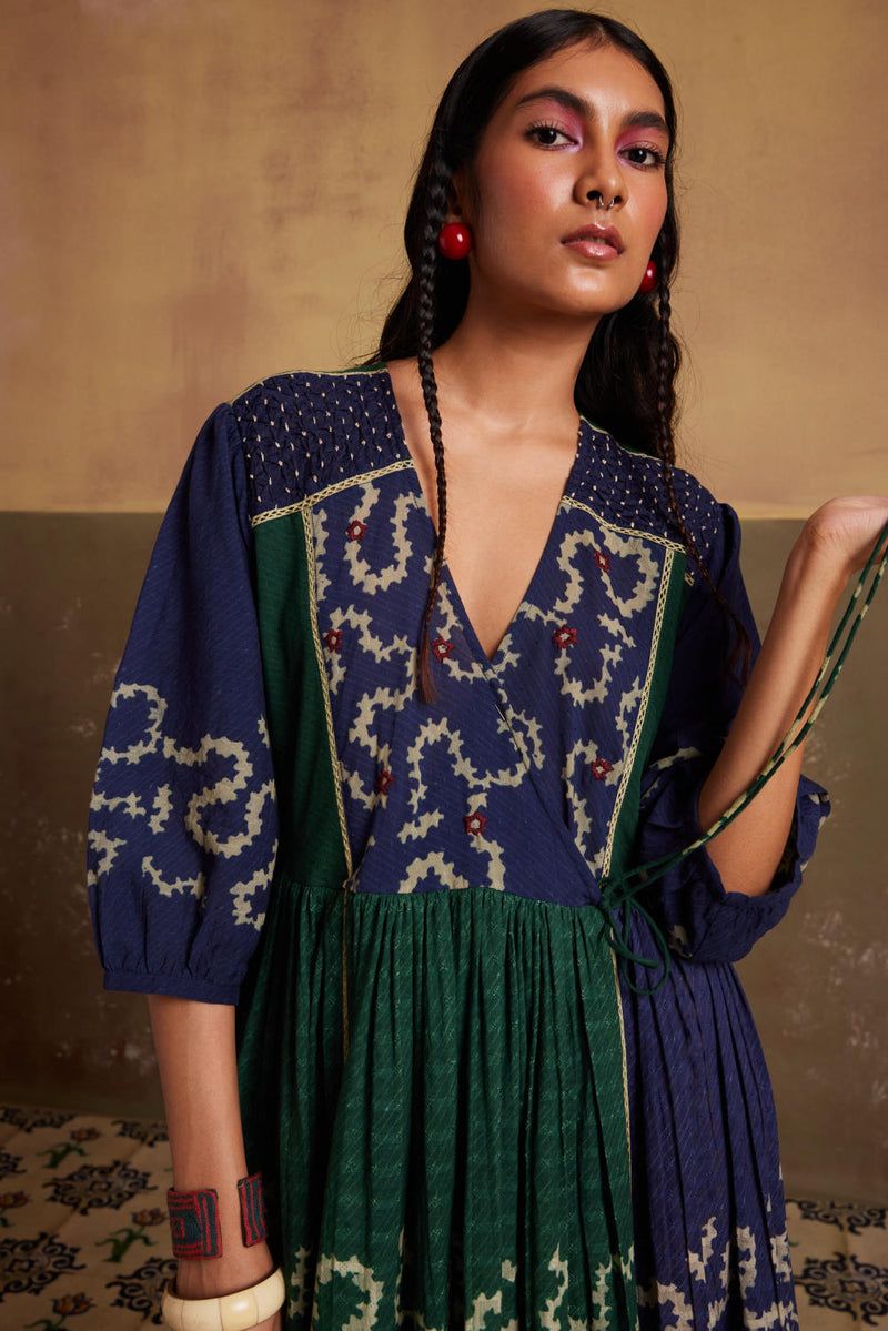 Poem Dress-(Indigo-Emerald Spiral) cotton by CORD for women in Singapore