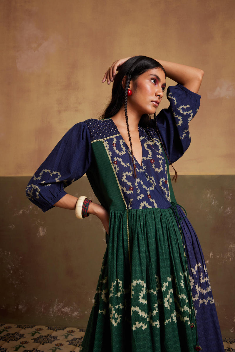 Poem Dress-(Indigo-Emerald Spiral) cotton by CORD for women in Singapore