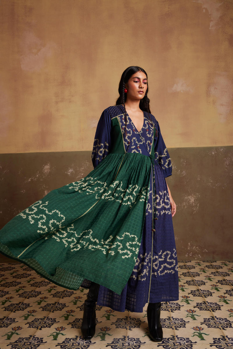 Poem Dress-(Indigo-Emerald Spiral) cotton by CORD for women in Singapore