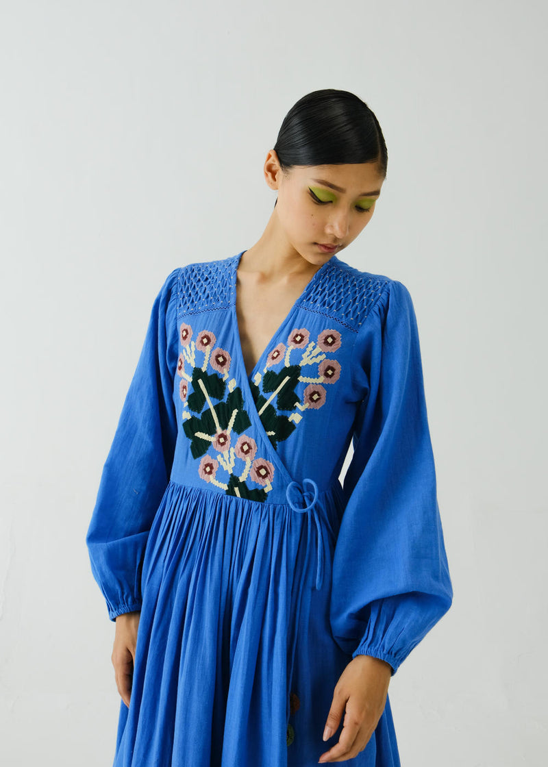Poem Dress-Electric Blue Pixel Applique cotton by CORD for women in Singapore