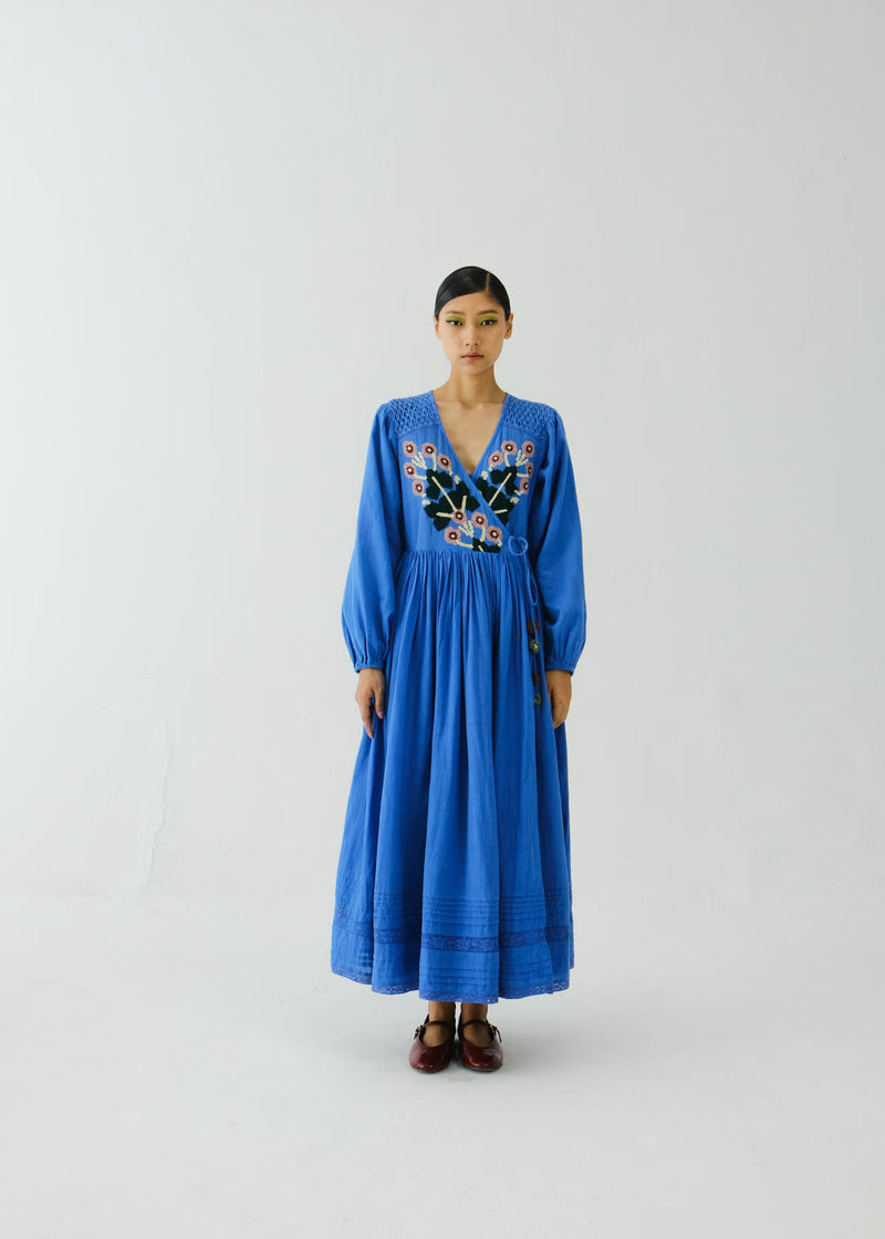 Poem Dress-Electric Blue Pixel Applique cotton by CORD for women in Singapore