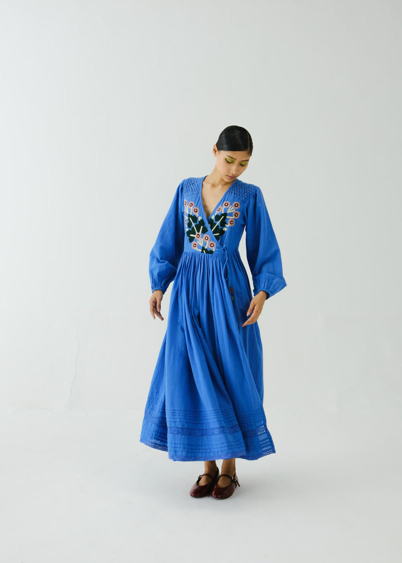 Poem Dress-Electric Blue Pixel Applique cotton by CORD for women in Singapore