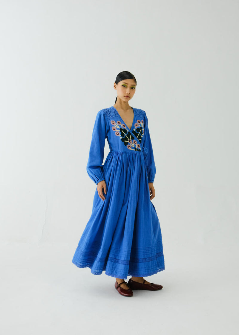 Poem Dress-Electric Blue Pixel Applique cotton by CORD for women in Singapore