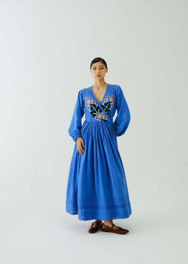 Poem Dress-Electric Blue Pixel Applique cotton by CORD for women in Singapore