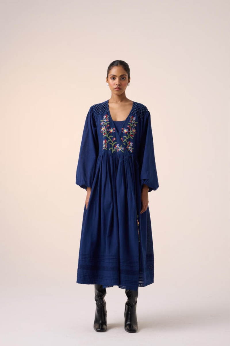 Poem Dress -Blue Pixel Embroidery cotton by CORD in multi for women in Singapore
