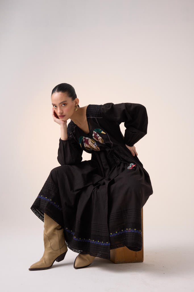 POEM DRESS -BLACK DUCK APPLIQUE cotton by CORD in multi for women in Singapore