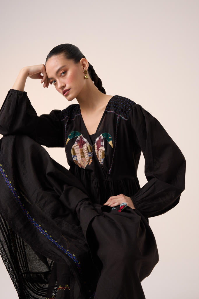 POEM DRESS -BLACK DUCK APPLIQUE cotton by CORD in multi for women in Singapore