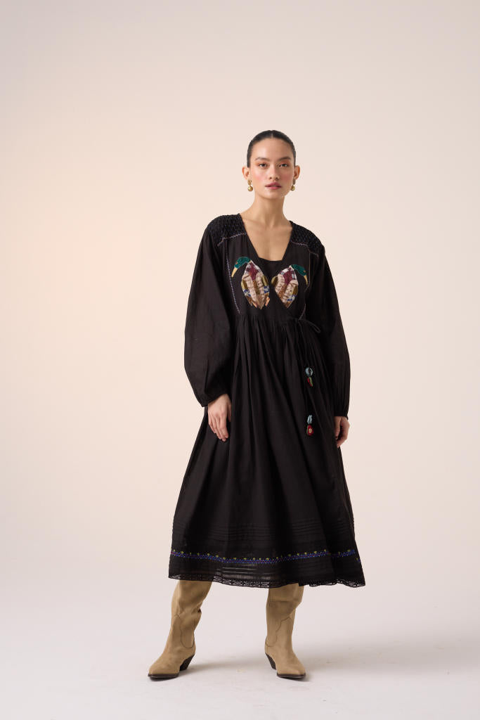 POEM DRESS -BLACK DUCK APPLIQUE cotton by CORD in multi for women in Singapore