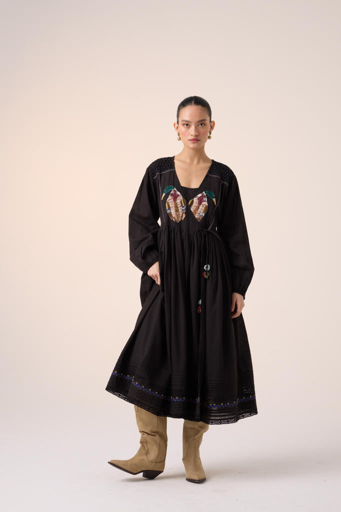 POEM DRESS -BLACK DUCK APPLIQUE cotton by CORD in multi for women in Singapore