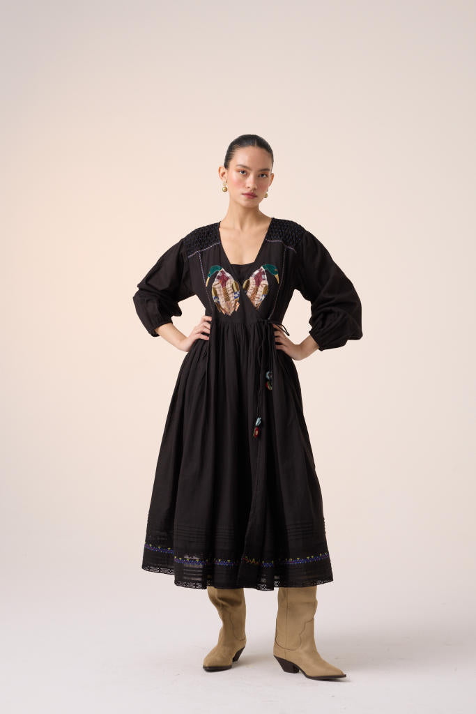 POEM DRESS -BLACK DUCK APPLIQUE cotton by CORD in multi for women in Singapore