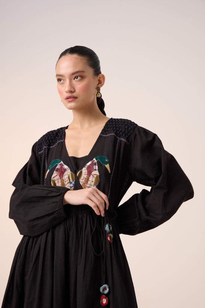 POEM DRESS -BLACK DUCK APPLIQUE cotton by CORD in multi for women in Singapore