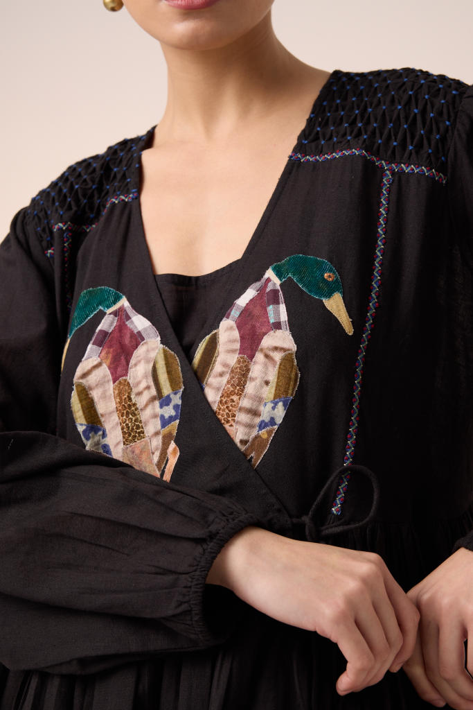 POEM DRESS -BLACK DUCK APPLIQUE cotton by CORD in multi for women in Singapore