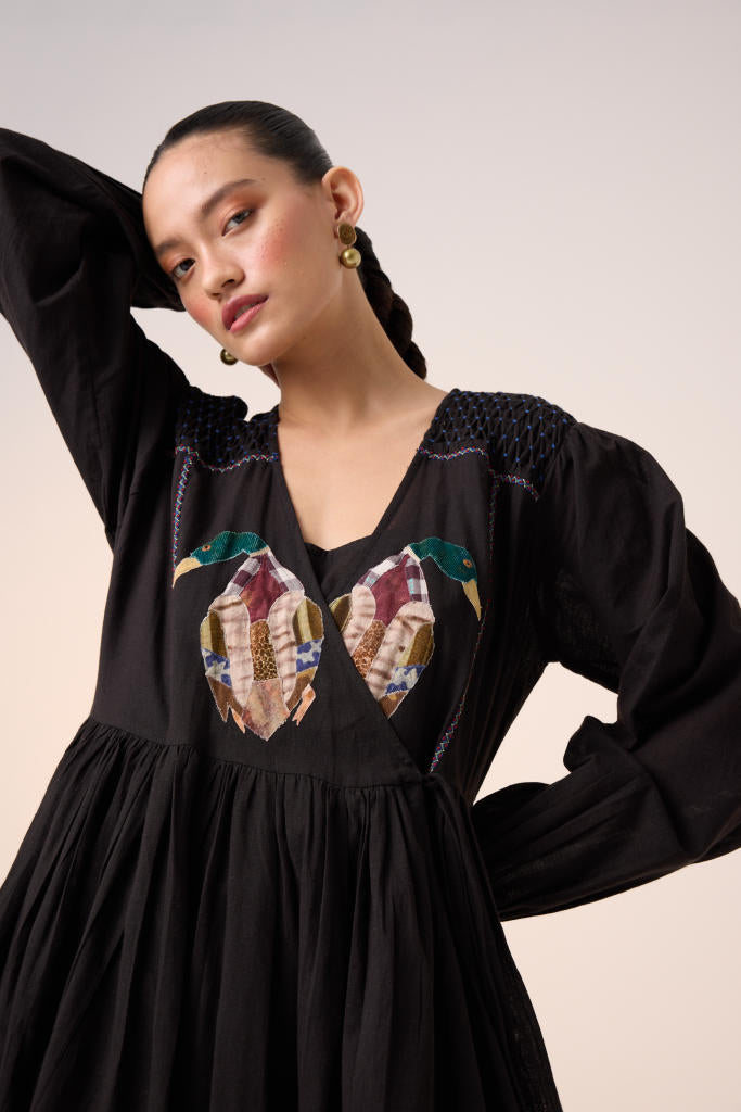 POEM DRESS -BLACK DUCK APPLIQUE cotton by CORD in multi for women in Singapore