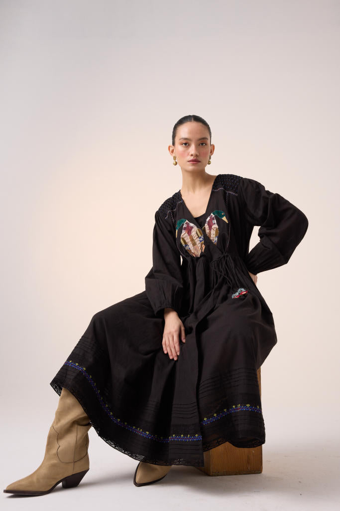 POEM DRESS -BLACK DUCK APPLIQUE cotton by CORD in multi for women in Singapore