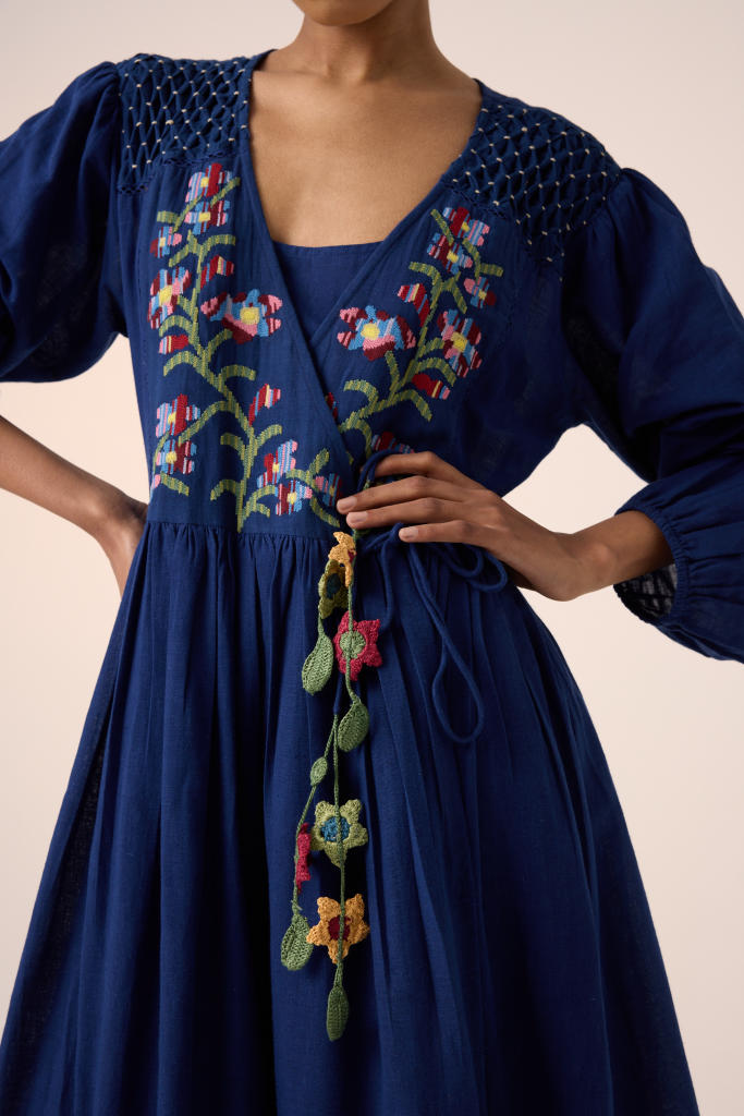 Poem Dress -Blue Pixel Embroidery cotton by CORD in multi for women in Singapore