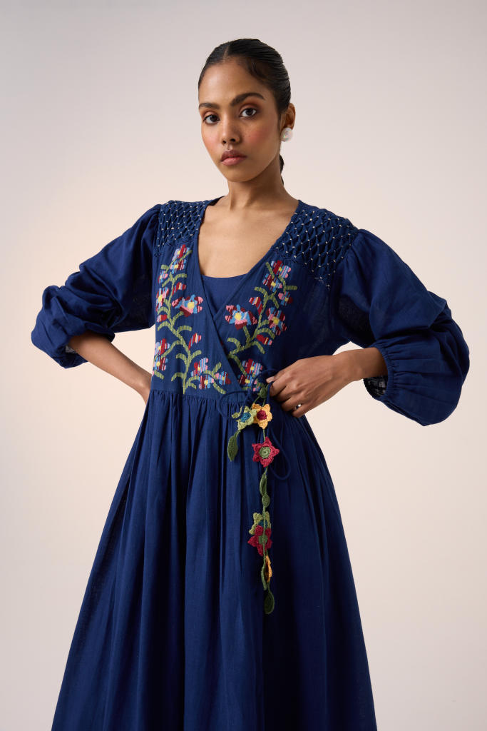 Poem Dress -Blue Pixel Embroidery cotton by CORD in multi for women in Singapore