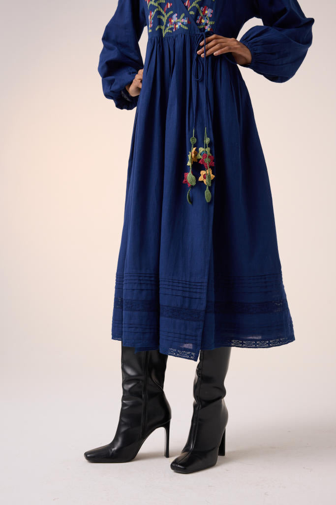 Poem Dress -Blue Pixel Embroidery cotton by CORD in multi for women in Singapore