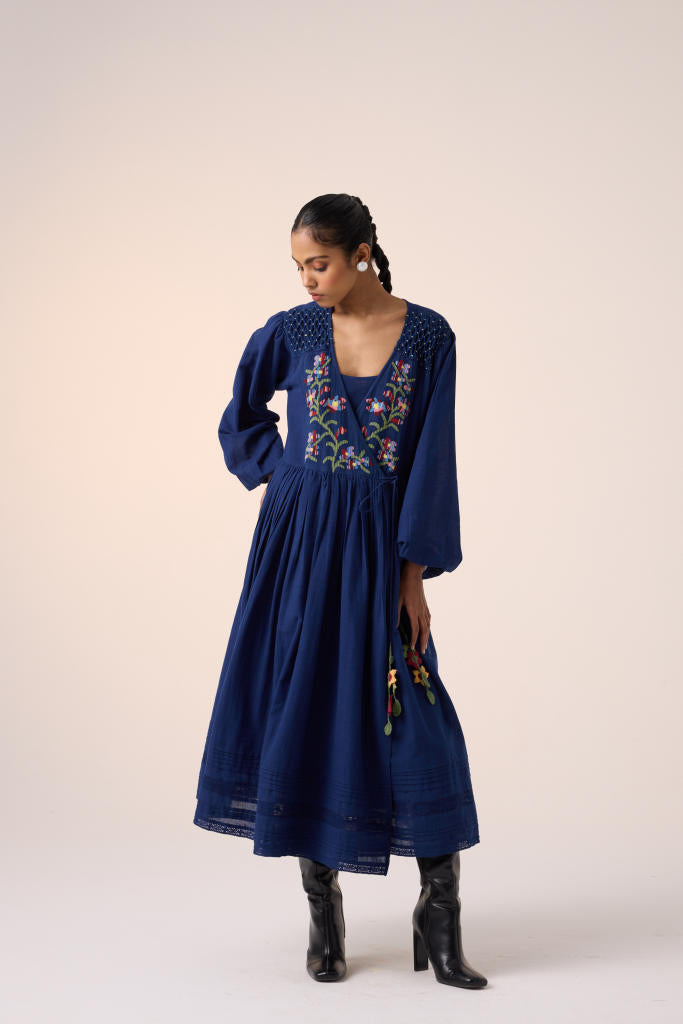 Poem Dress -Blue Pixel Embroidery cotton by CORD in multi for women in Singapore
