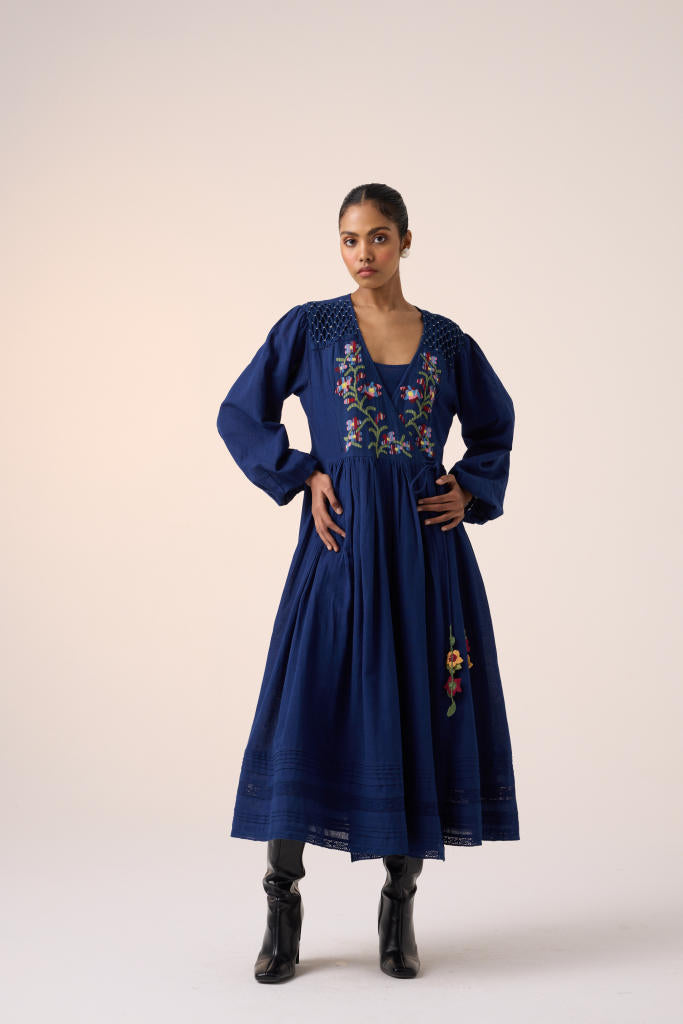 Poem Dress -Blue Pixel Embroidery cotton by CORD in multi for women in Singapore