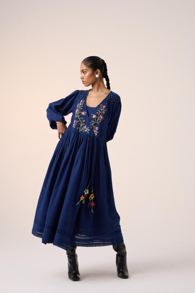 Poem Dress -Blue Pixel Embroidery cotton by CORD in multi for women in Singapore