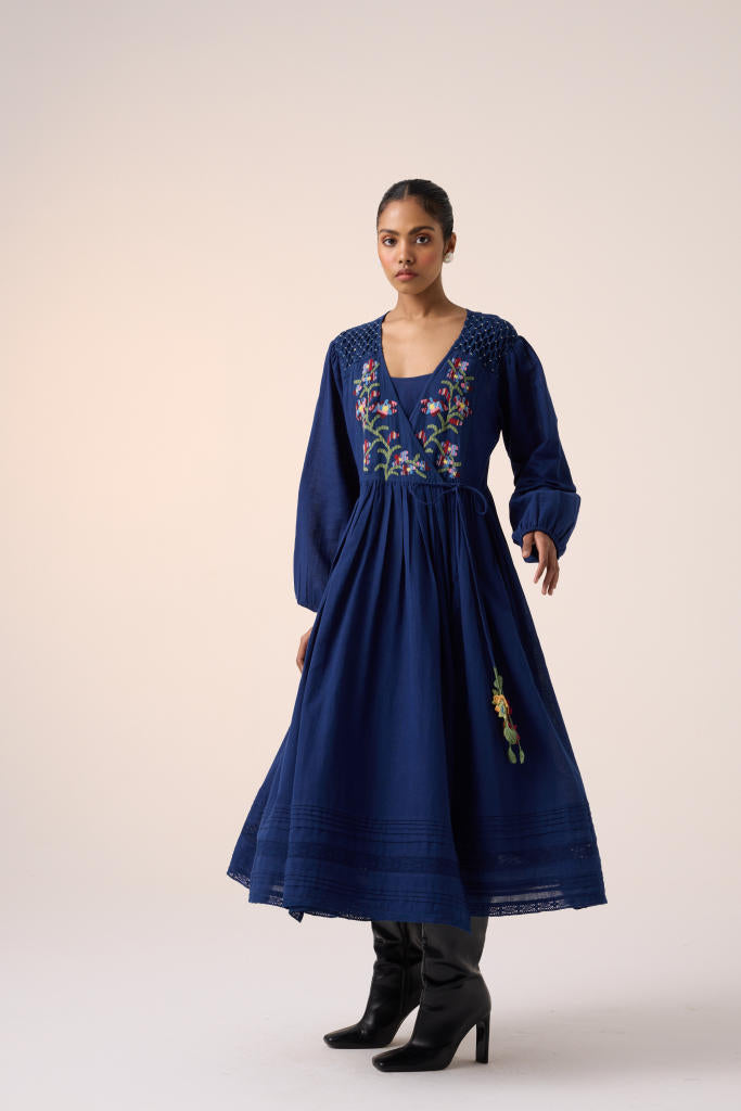 Poem Dress -Blue Pixel Embroidery cotton by CORD in multi for women in Singapore