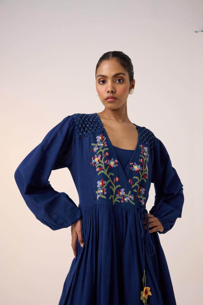 Poem Dress -Blue Pixel Embroidery cotton by CORD in multi for women in Singapore