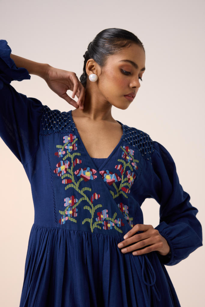 Poem Dress -Blue Pixel Embroidery cotton by CORD in multi for women in Singapore