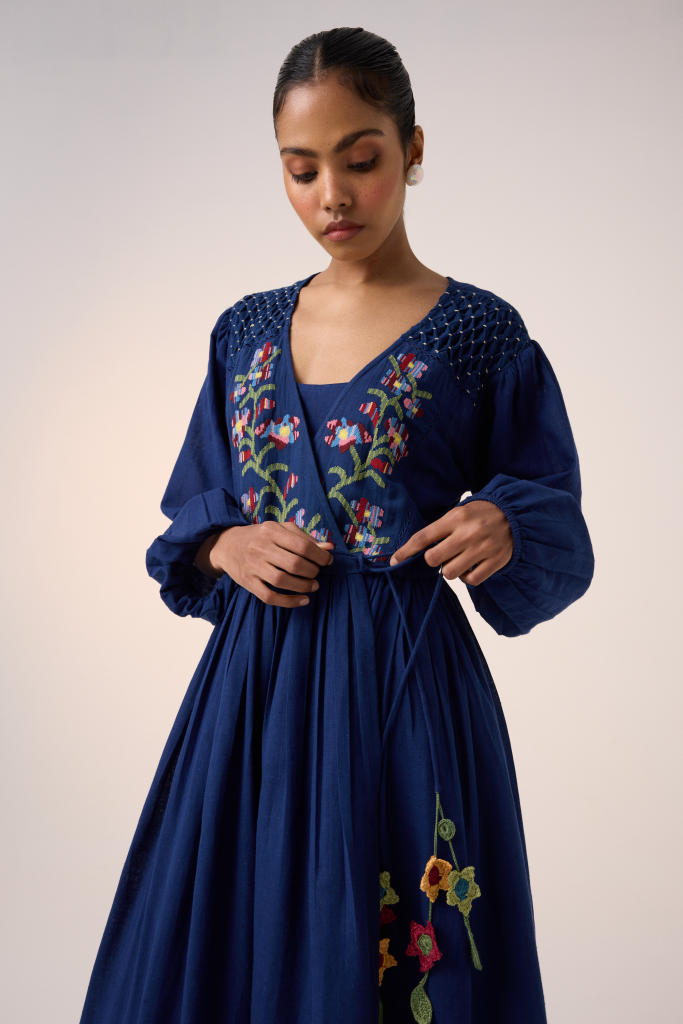 Poem Dress -Blue Pixel Embroidery cotton by CORD in multi for women in Singapore