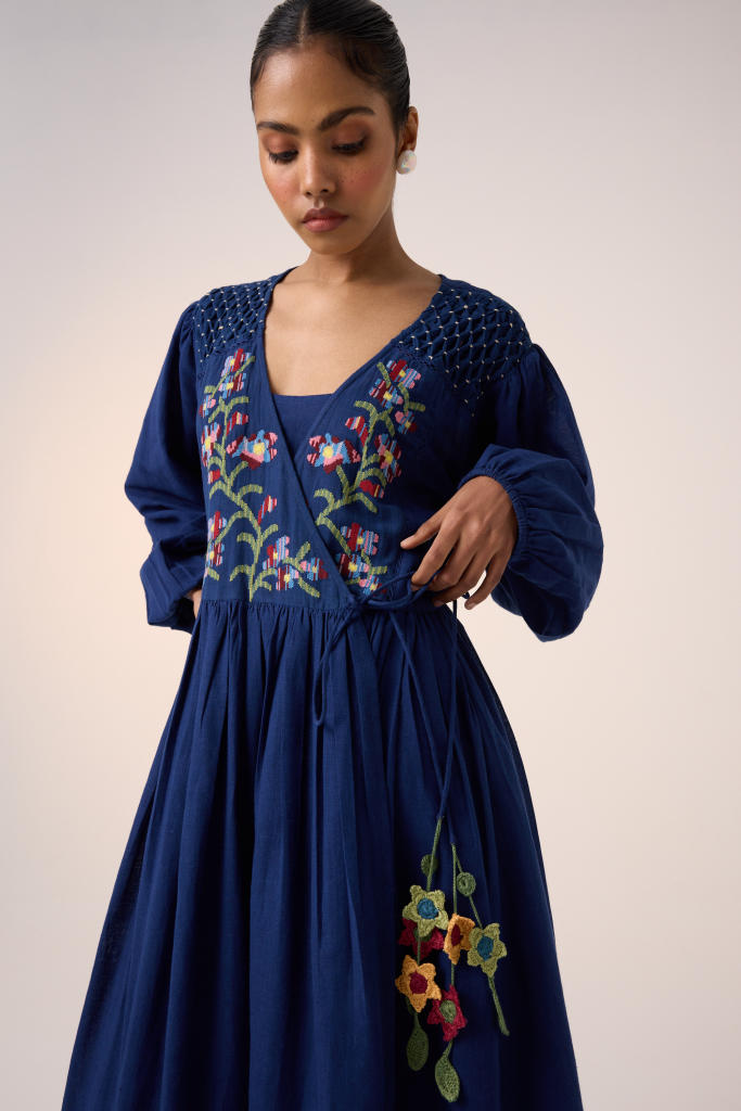Poem Dress -Blue Pixel Embroidery cotton by CORD in multi for women in Singapore