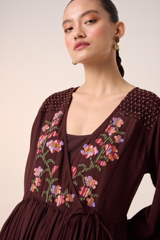 POEM DRESS -MAROON PIXEL EMBROIDERY cotton by CORD in multi for women in Singapore