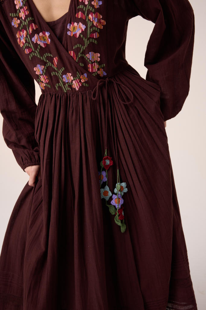 POEM DRESS -MAROON PIXEL EMBROIDERY cotton by CORD in multi for women in Singapore