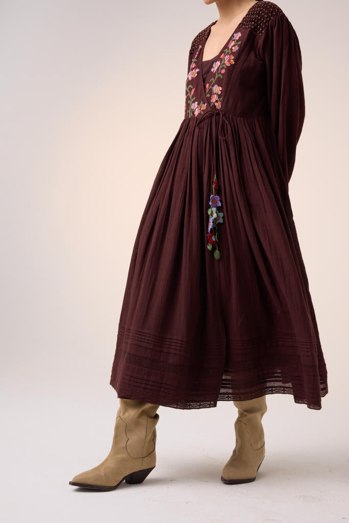 POEM DRESS -MAROON PIXEL EMBROIDERY cotton by CORD in multi for women in Singapore