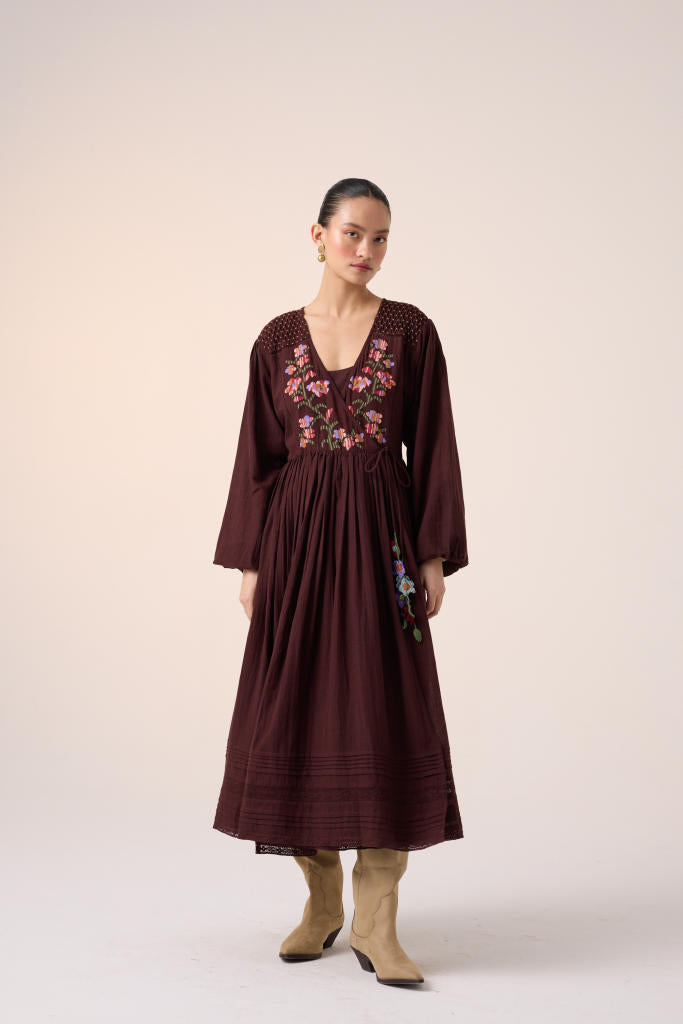 POEM DRESS -MAROON PIXEL EMBROIDERY cotton by CORD in multi for women in Singapore