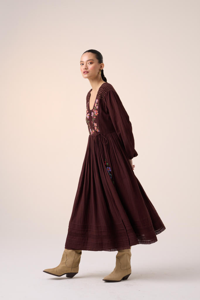 POEM DRESS -MAROON PIXEL EMBROIDERY cotton by CORD in multi for women in Singapore