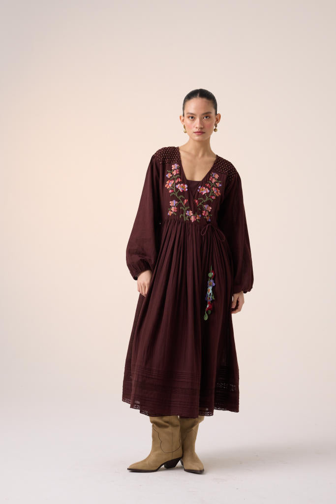 POEM DRESS -MAROON PIXEL EMBROIDERY cotton by CORD in multi for women in Singapore
