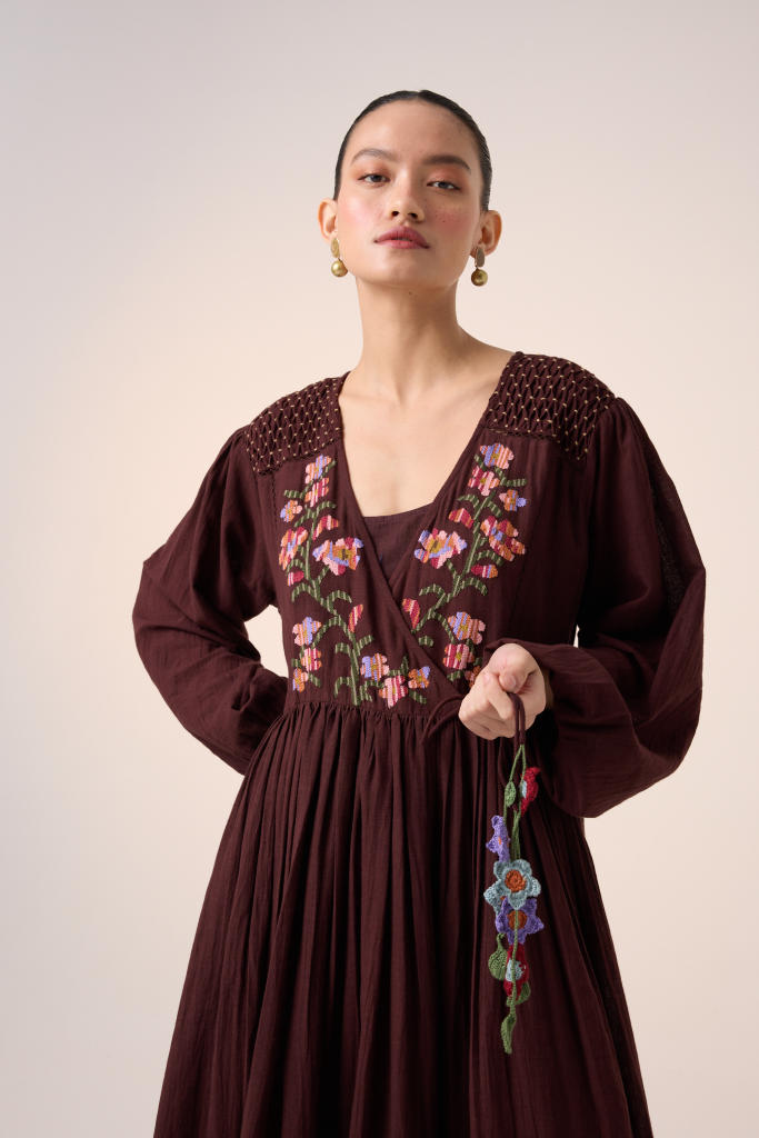 POEM DRESS -MAROON PIXEL EMBROIDERY cotton by CORD in multi for women in Singapore