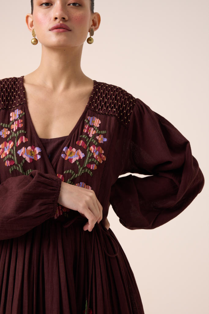 POEM DRESS -MAROON PIXEL EMBROIDERY cotton by CORD in multi for women in Singapore