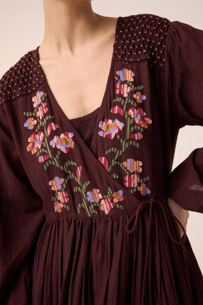 POEM DRESS -MAROON PIXEL EMBROIDERY cotton by CORD in multi for women in Singapore