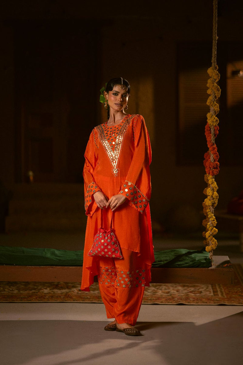 Mangala Asymmetrical Choga with Salwar- Orange
