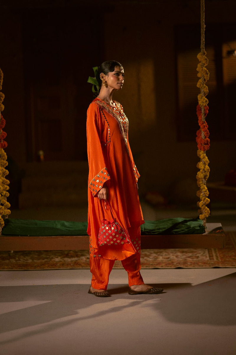 Mangala Asymmetrical Choga with Salwar- Orange