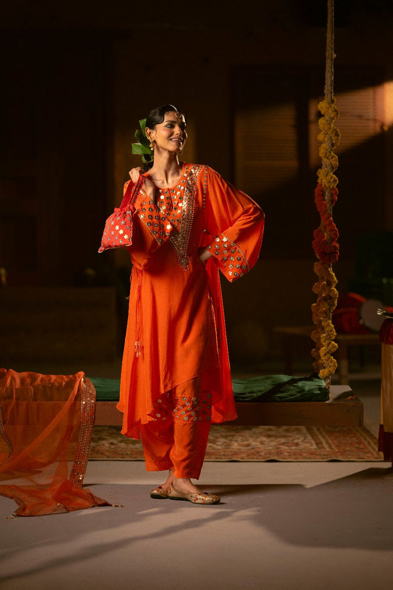 Mangala Asymmetrical Choga with Salwar- Orange