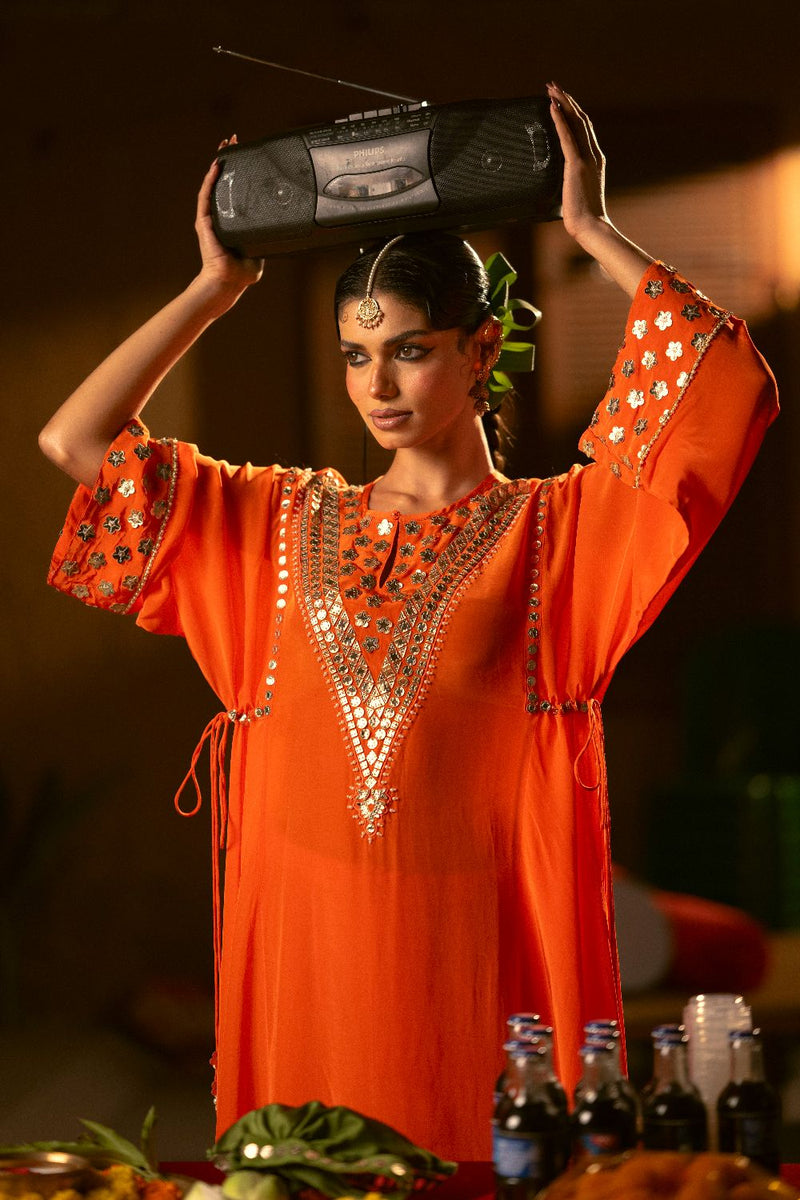 Mangala Asymmetrical Choga with Salwar- Orange
