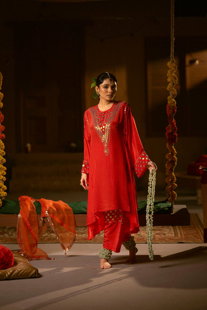 Ramani Asymmetrical Choga with Salwar- Red