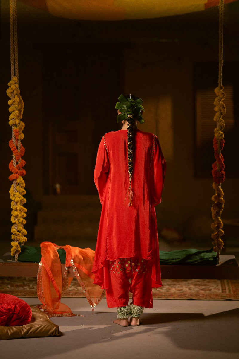 Ramani Asymmetrical Choga with Salwar- Red