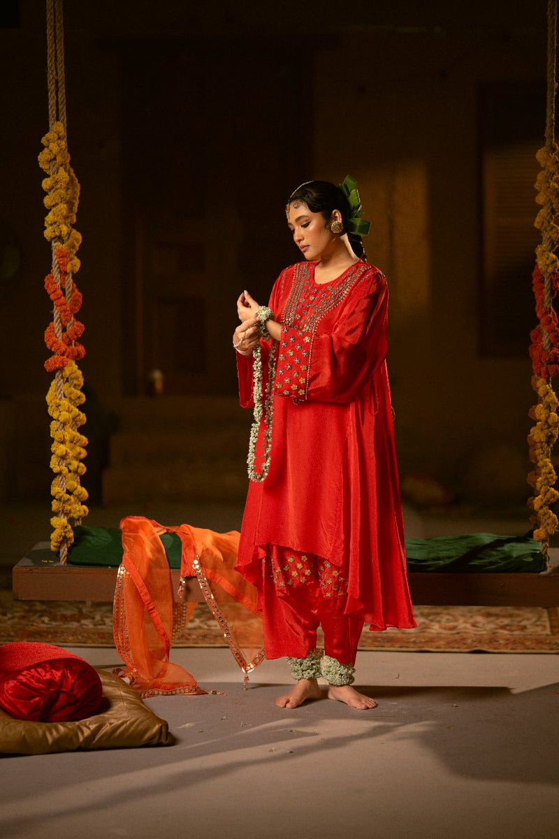 Ramani Asymmetrical Choga with Salwar- Red