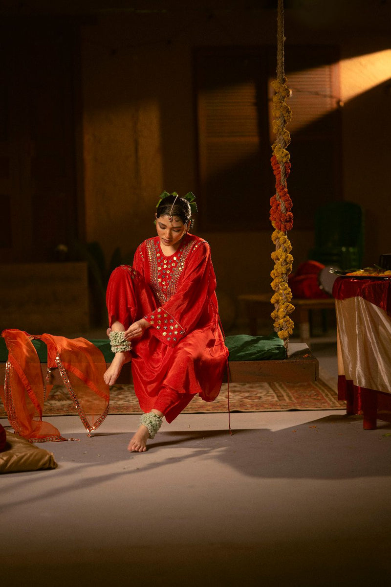 Ramani Asymmetrical Choga with Salwar- Red