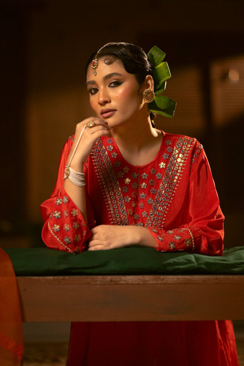 Ramani Asymmetrical Choga with Salwar- Red